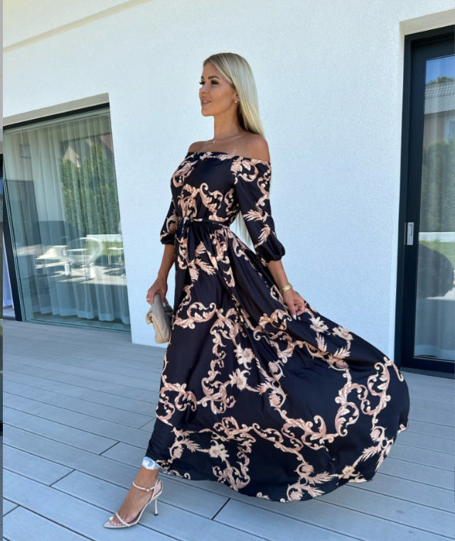 BamBam Summer Beach Holidays Chic Off Shoulder Print Maxi Dress - BamBam