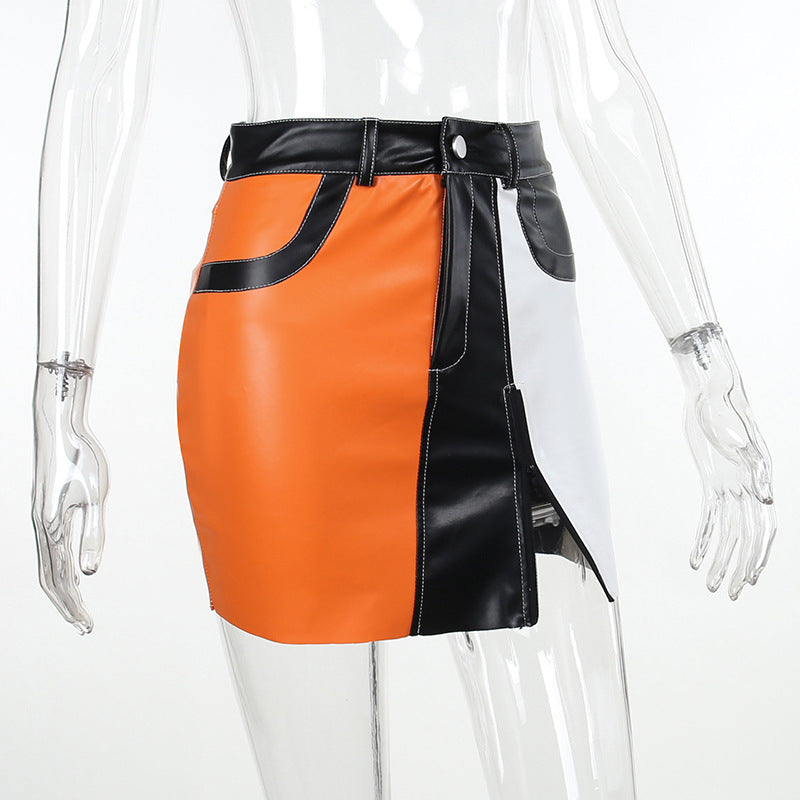 BamBam Zipper Contrast Color Summer Sexy Bodycon Short Leather Skirt For Women - BamBam