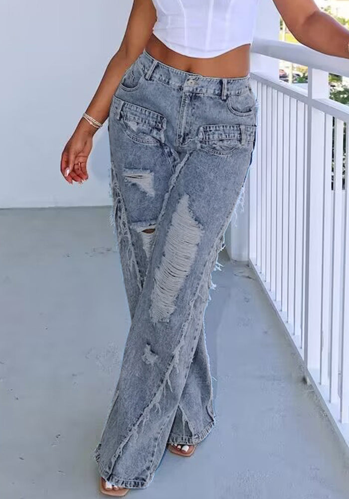 Women Ripped Casual Denim Straight Pants