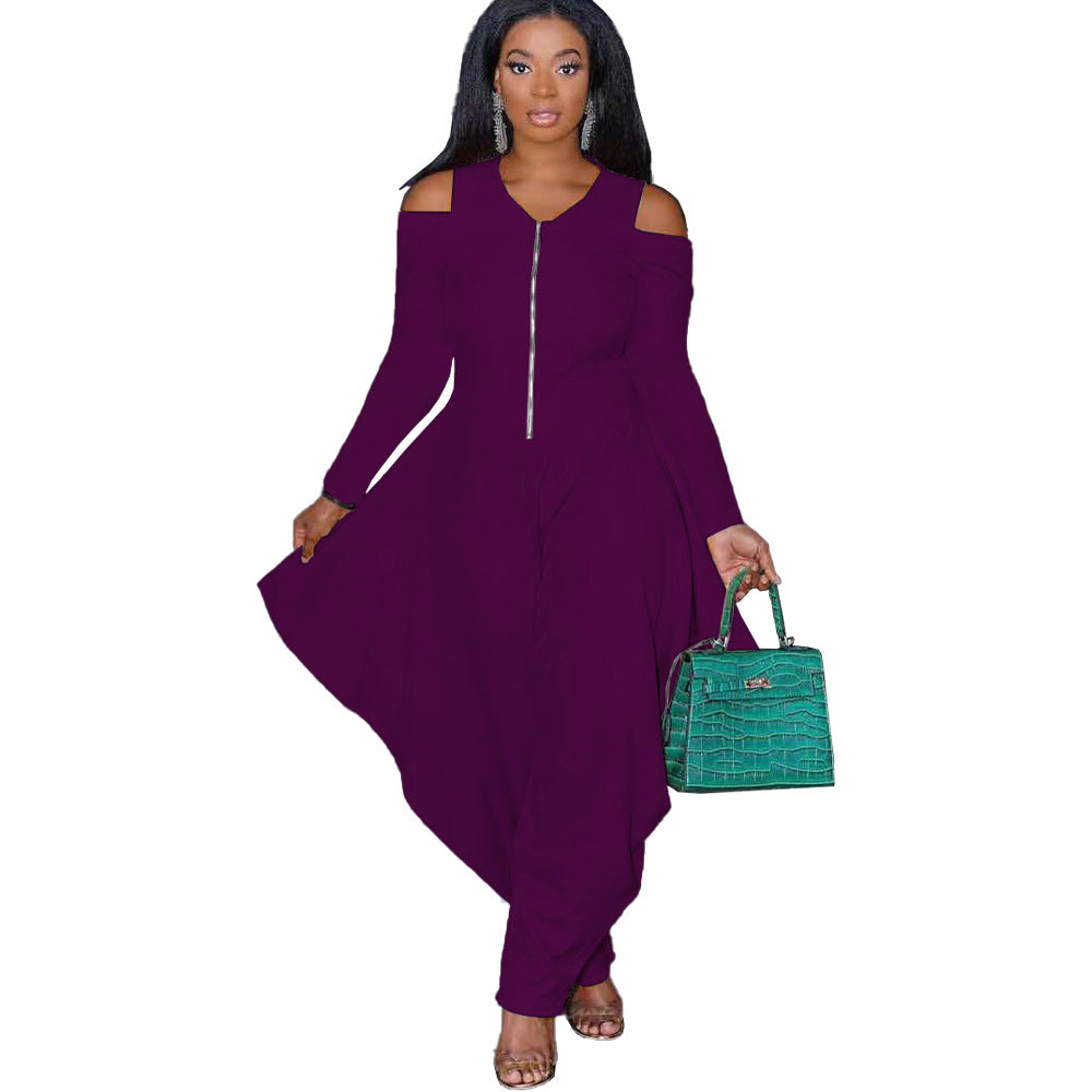 BamBam Women's Solid Color Cutout Long Sleeve Cocktail Fancy Ladies Fashionable Loose Jumpsuit - BamBam Clothing