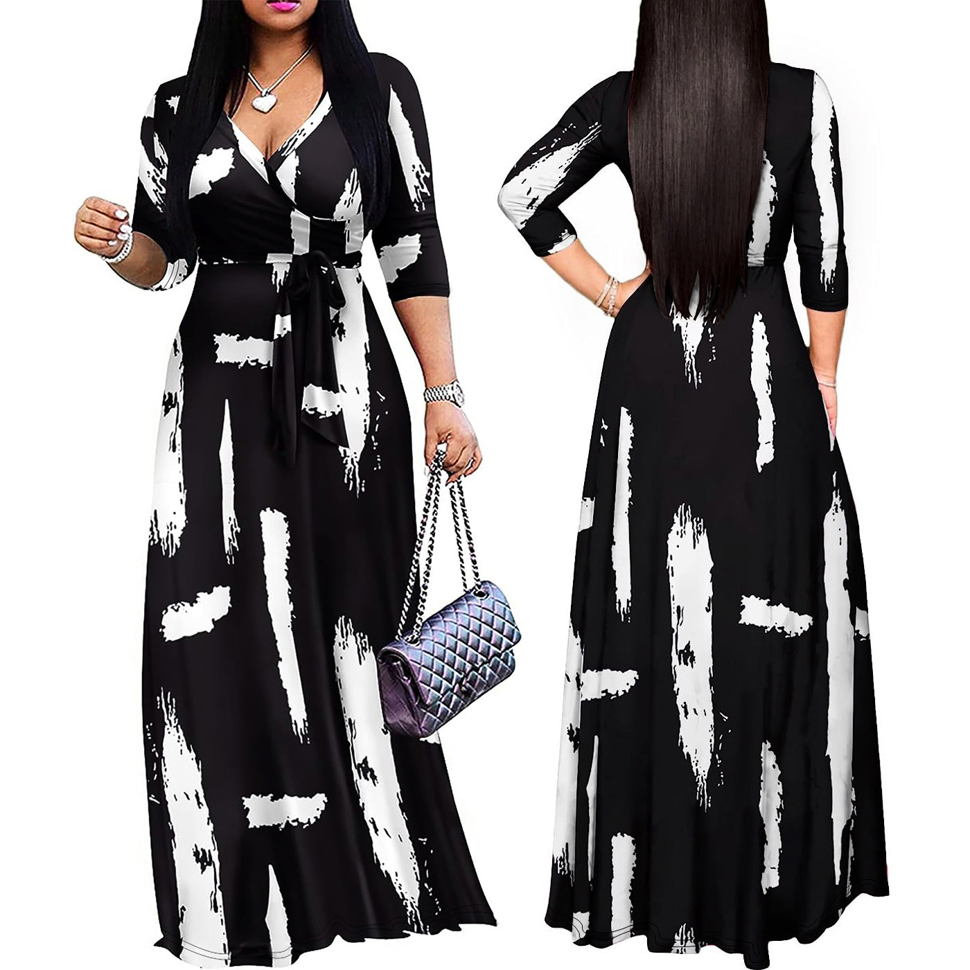 BamBam Spring And Autumn Fashion Women's Wrap V-Neck Elegant Half-Sleeve Printed Long Dress - BamBam