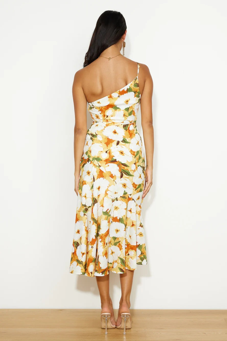 BamBam Summer Fashion Chic Slash Shoulder Sling Mermaid Print Dress - BamBam