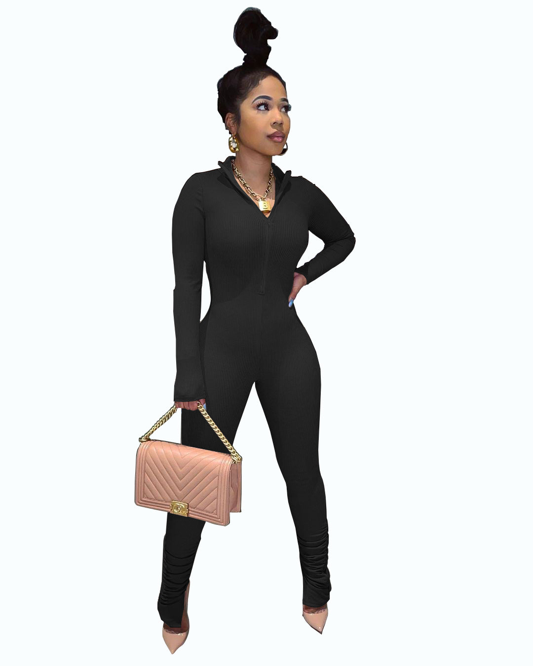 BamBam Fashion Women's Clothing Solid Long Sleeve Slim Fitted Jumpsuit - BamBam Clothing