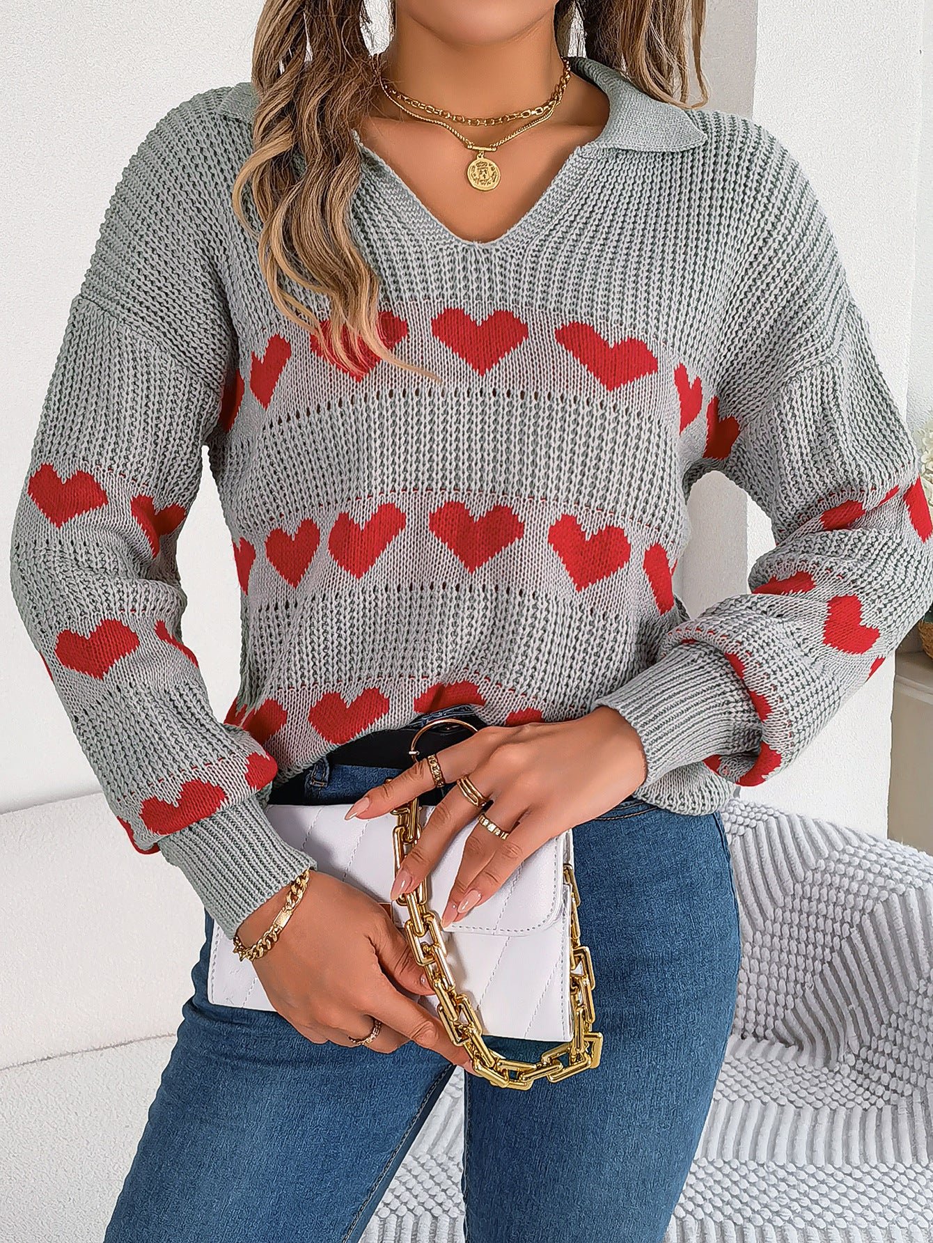 BamBam Women Fall/Winter Casual V-neck Balloon Sleeve Heart Print Sweater - BamBam