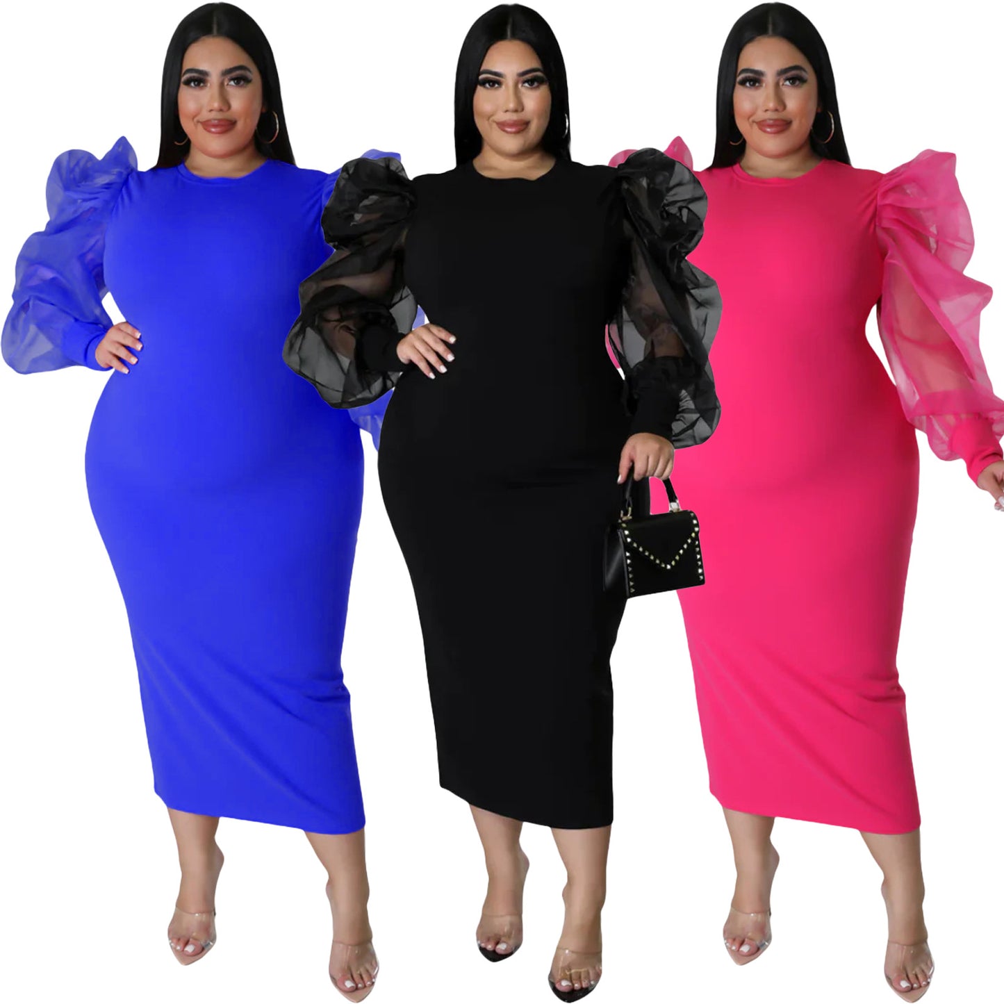 BamBam Fashion Solid Color Puff Mesh Long Sleeve V-Neck Plus Size Midi Dress - BamBam