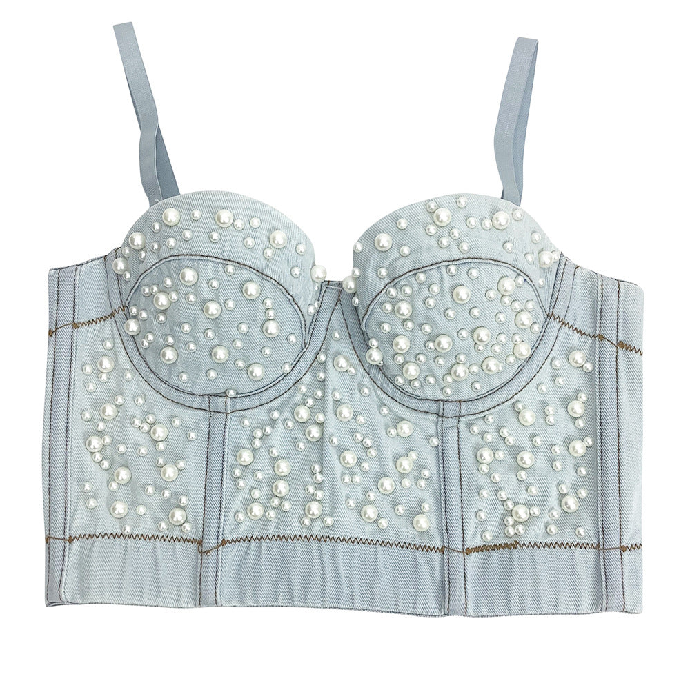 BamBam Women Camisole Pearl Fitted Sexy Denim Bra Vest Shaping Corset Top - BamBam