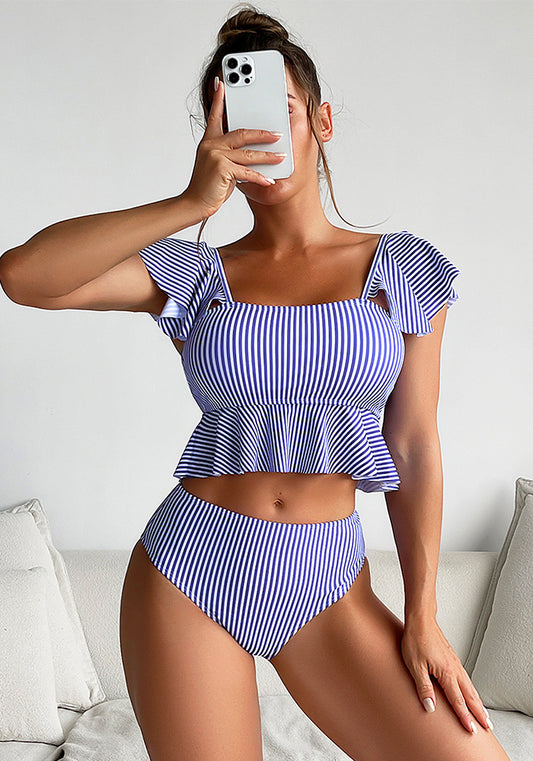 Bikini Stripe Ruffle High Waist Sexy Low Back Bikini Swimsuit