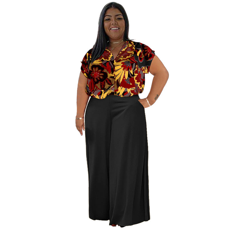 BamBam Summer and Fall Plus Size Two-Piece Printed Casual Jacket and Pants Set - BamBam