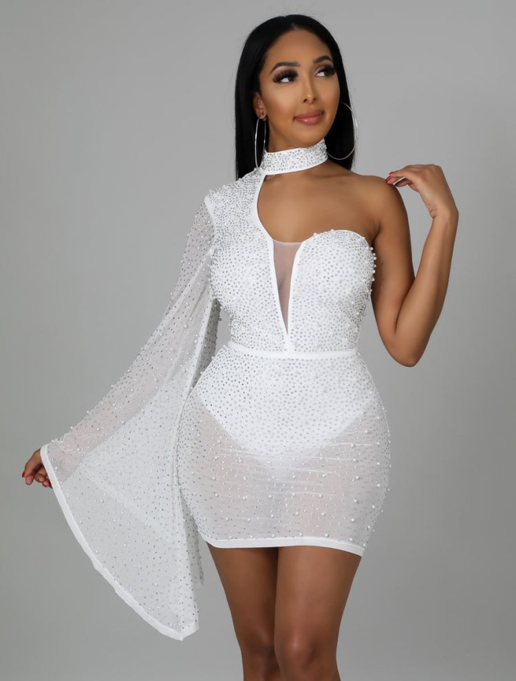 BamBam Fall Sexy White Beaded Choker One Shoulder Club Dress - BamBam Clothing Clothing