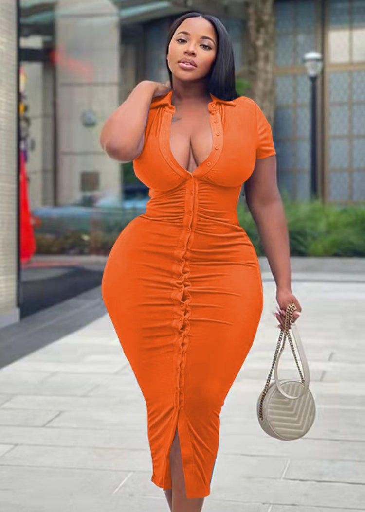 BamBam Women Summer Orange Casual Turn-down Collar Short Sleeves Solid Button Midi Sheath Plus Size Long Dress - BamBam