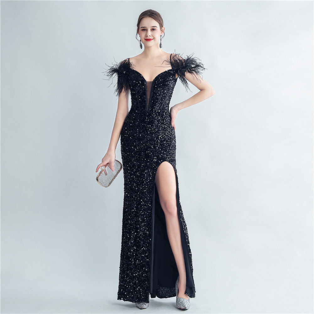 BamBam Women Herringbone ostrich velvet sequined mermaid evening dress - BamBam Clothing