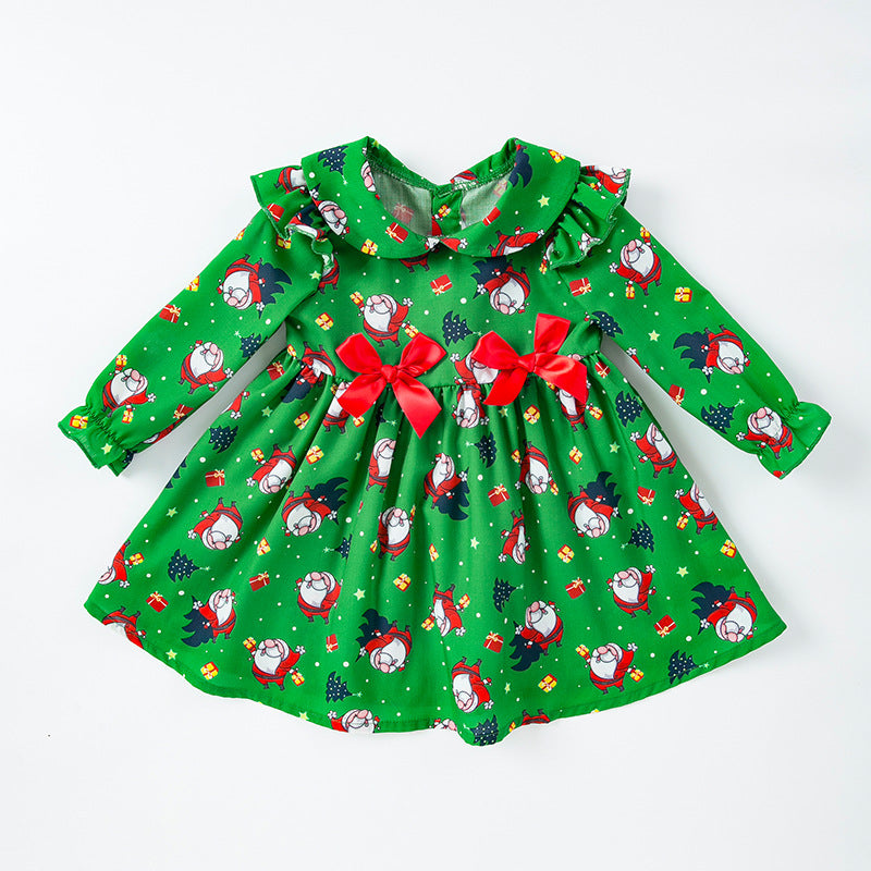 BamBam Children's Christmas Girls Dress Trendy Cute Bow Print Santa Baby Princess Dress - BamBam