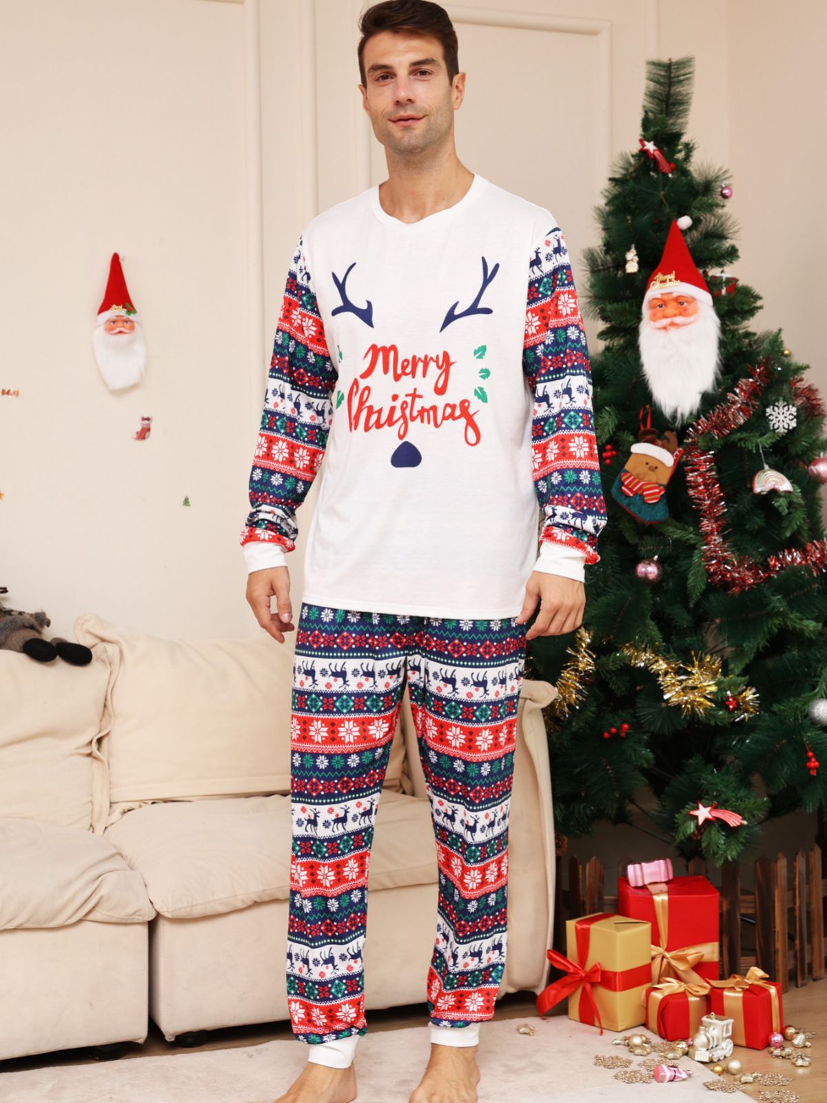 BamBam Christmas Family Wear Snowman Flower Fawn Letter Printed Home Clothes Pajama Two-piece Set - BamBam