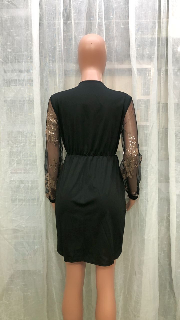 BamBam Spring Women Black Floral Sequins Cross Long Sleeve Mini Club Dress - BamBam Clothing Clothing