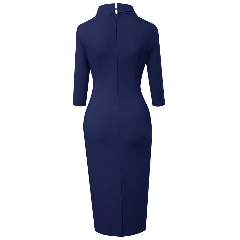 BamBam Chic Women's Mid Waist Patchwork Solid Color Half Turtleneck Bodycon Work Dress - BamBam