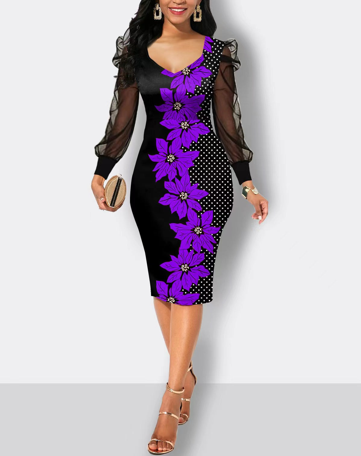 BamBam Women Autumn Printed Mesh Patchwork Long Sleeve Dress - BamBam Clothing