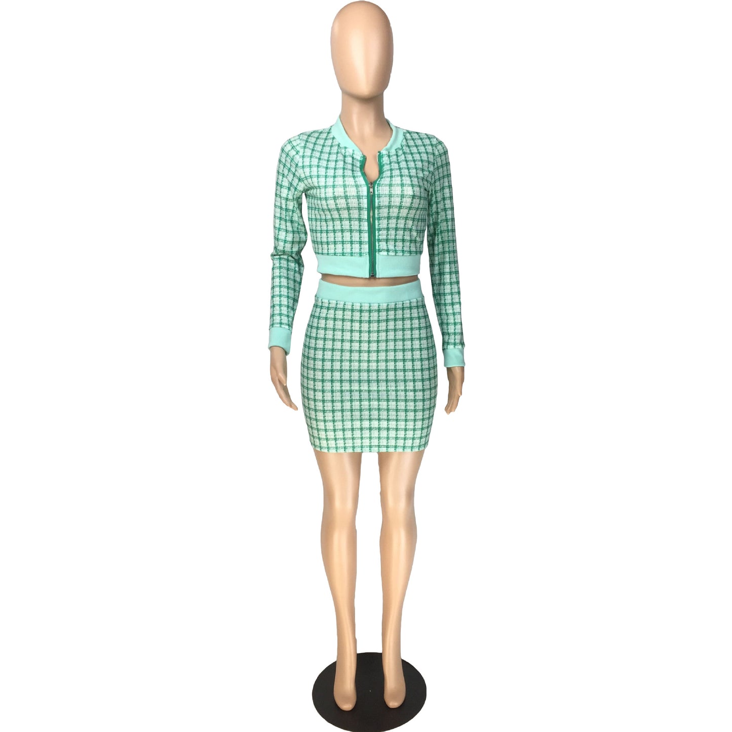 BamBam Women Plaid Ribbed Long Sleeve Top and Skirt Two-piece Set - BamBam