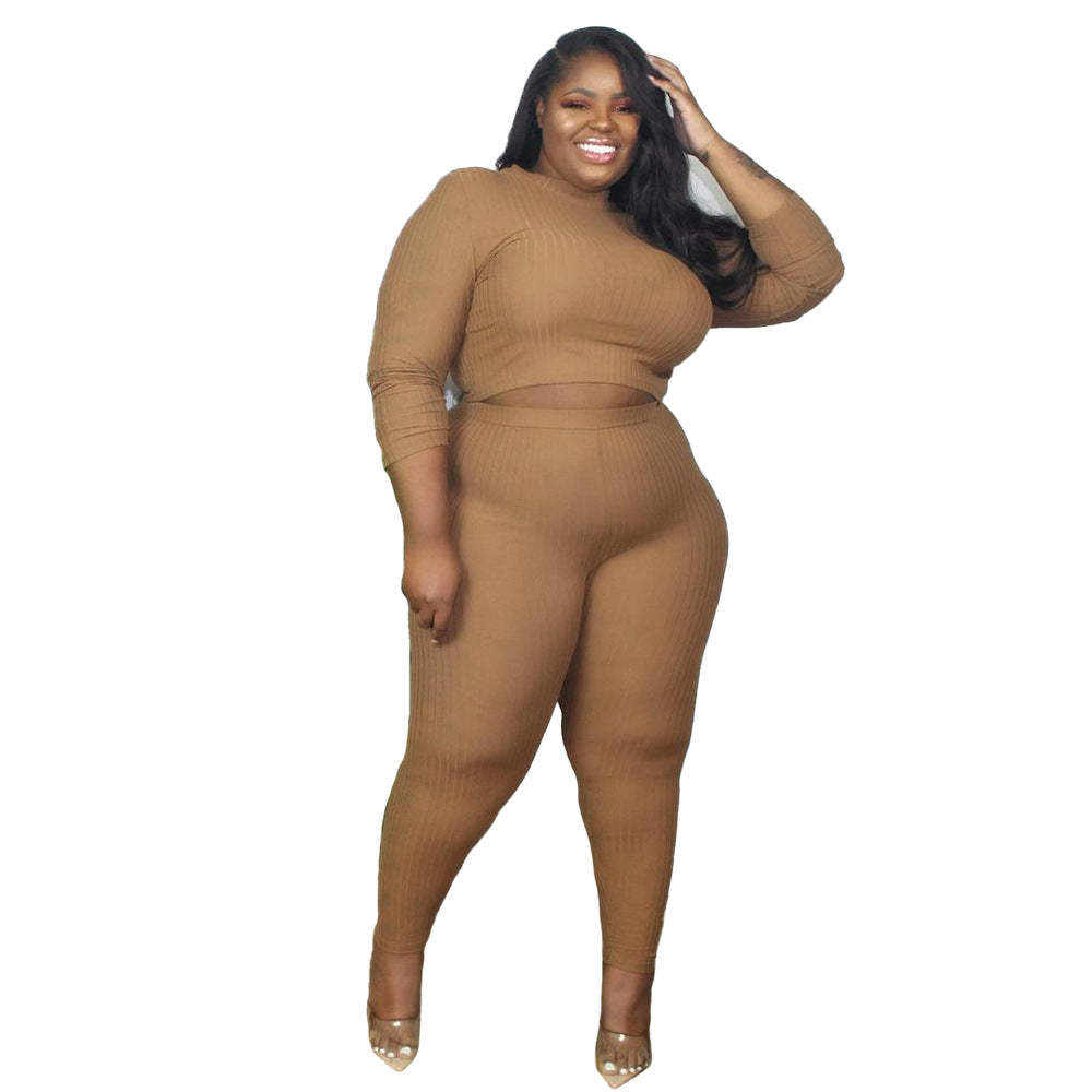 BamBam Plus Size Women's Autumn And Winter Solid Color Ribbed Long Sleeve Two-Piece Set - BamBam