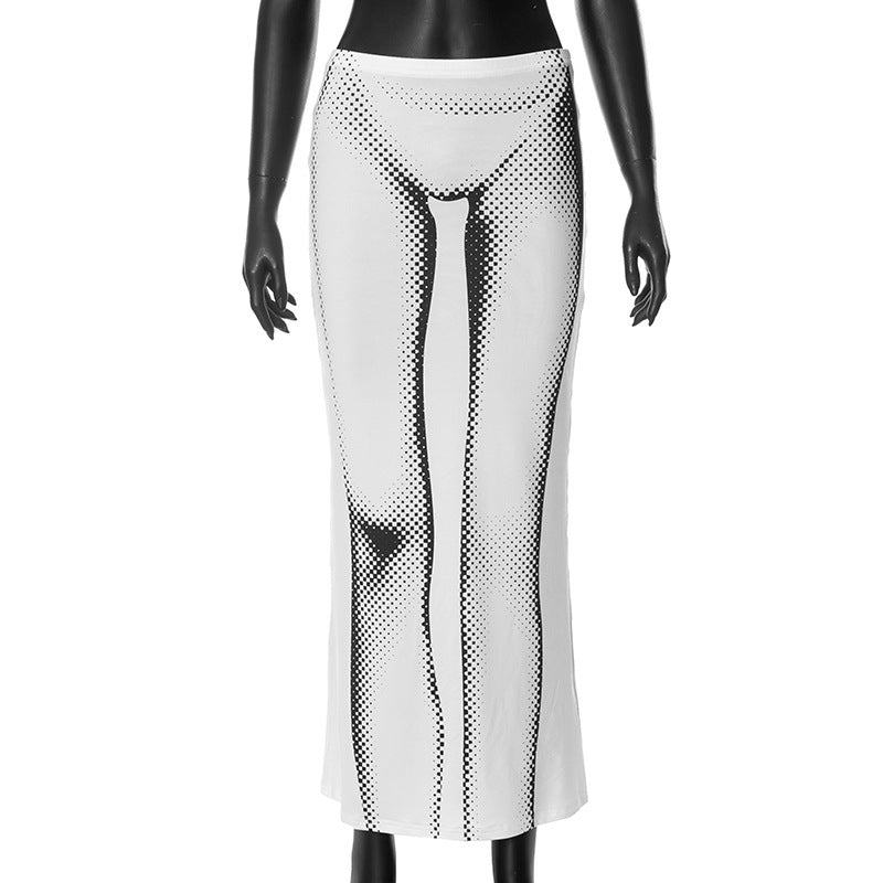 BamBam Women's Autumn Street Sexy Body Pattern Print Slim Bodycon Long Skirt - BamBam