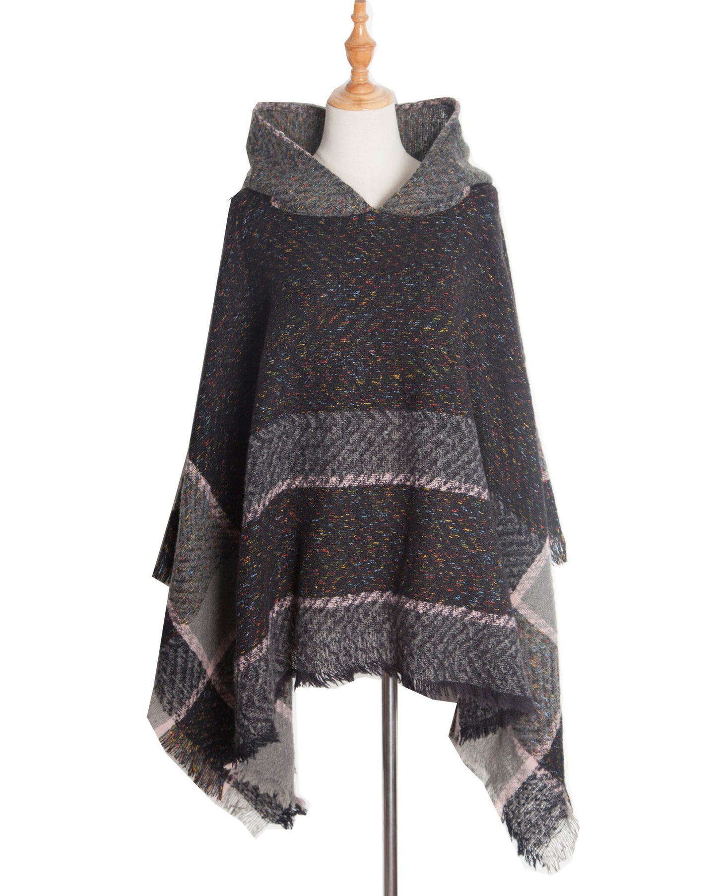 BamBam Women herringbone pattern hooded shawl cloak - BamBam