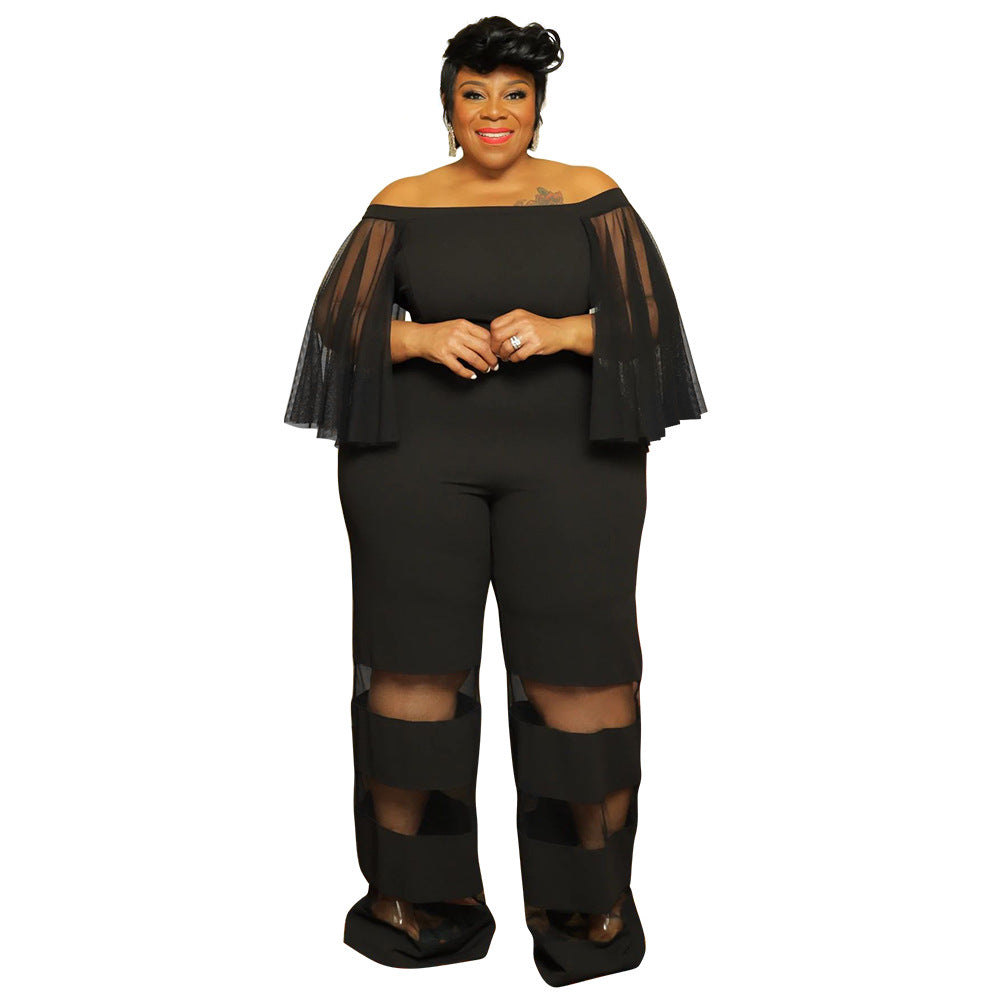 BamBam Women'S Off Shoulder Mesh Patchwork Sexy Casual Chic Plus Size Jumpsuit - BamBam Clothing