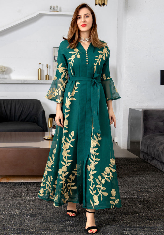 Women Summer Green Arab Dubai Middle East Turkey Morocco Floral Print Sequined Islamic Clothing Kaftan Abaya Muslim Dress