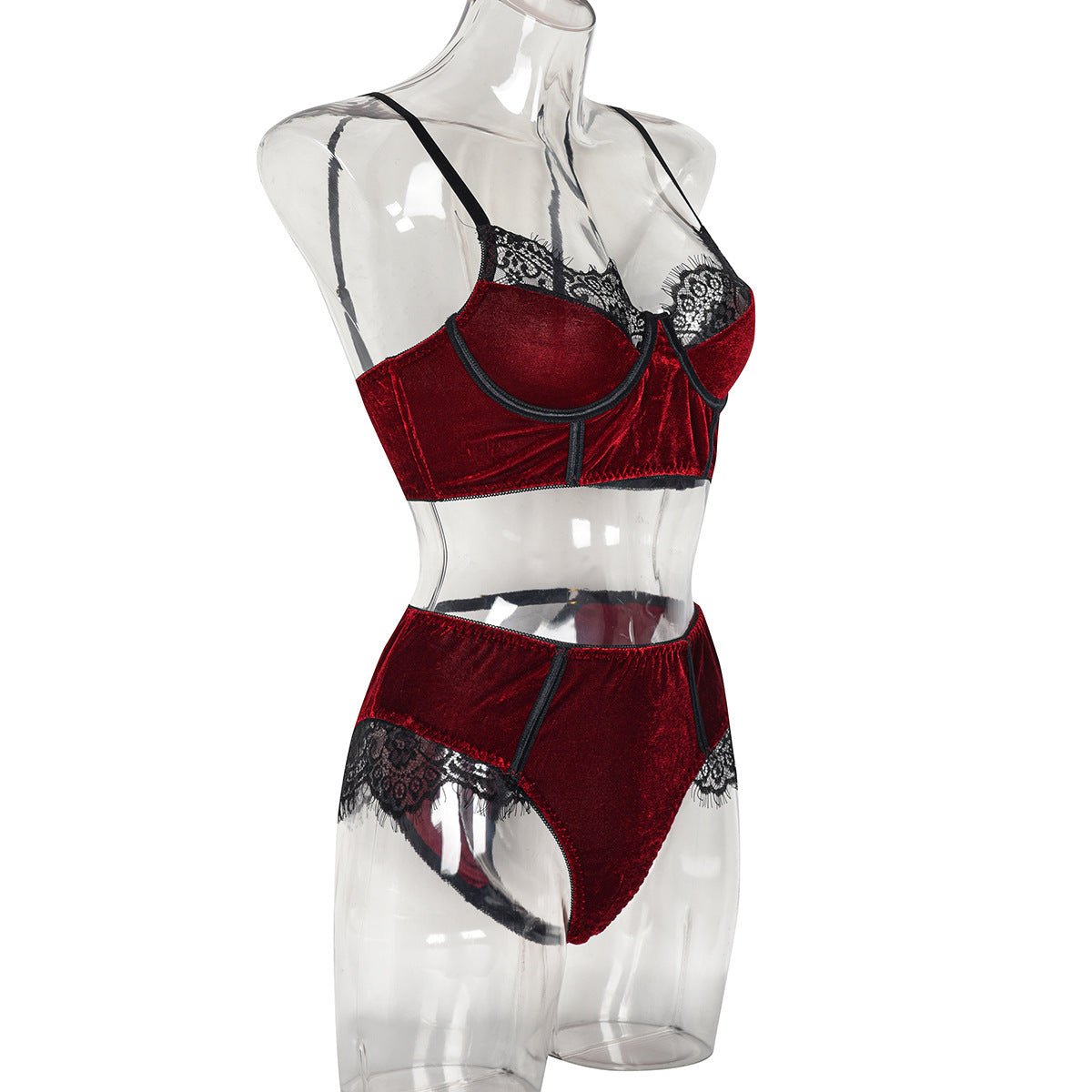 BamBam Autumn Burgunry Velvet Patchwork Lace Comfortable Sexy Lingerie Set - BamBam