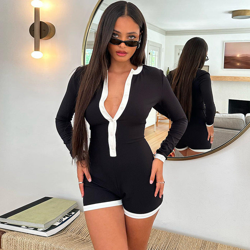 BamBam Contrast Color Patchwork Long Sleeve Jumpsuit Fall/Winter Women's Fashion Round Neck Button Slim Short Romper - BamBam
