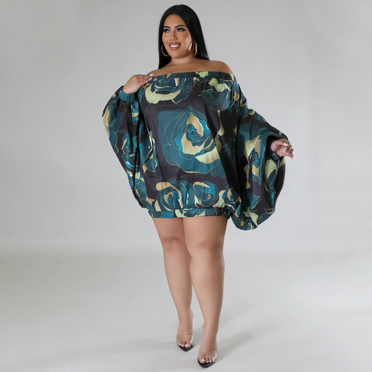 BamBam Plus Size Women's Loose Puff Sleeve Off Shoulder Printed Dress - BamBam