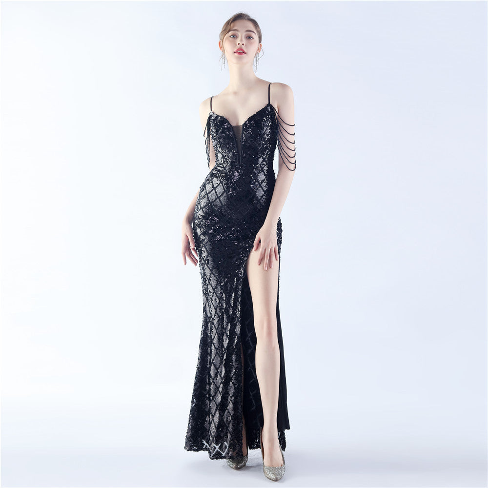 BamBam Women Herringbone Lace-Up Symphony Beaded Evening Dress - BamBam Clothing