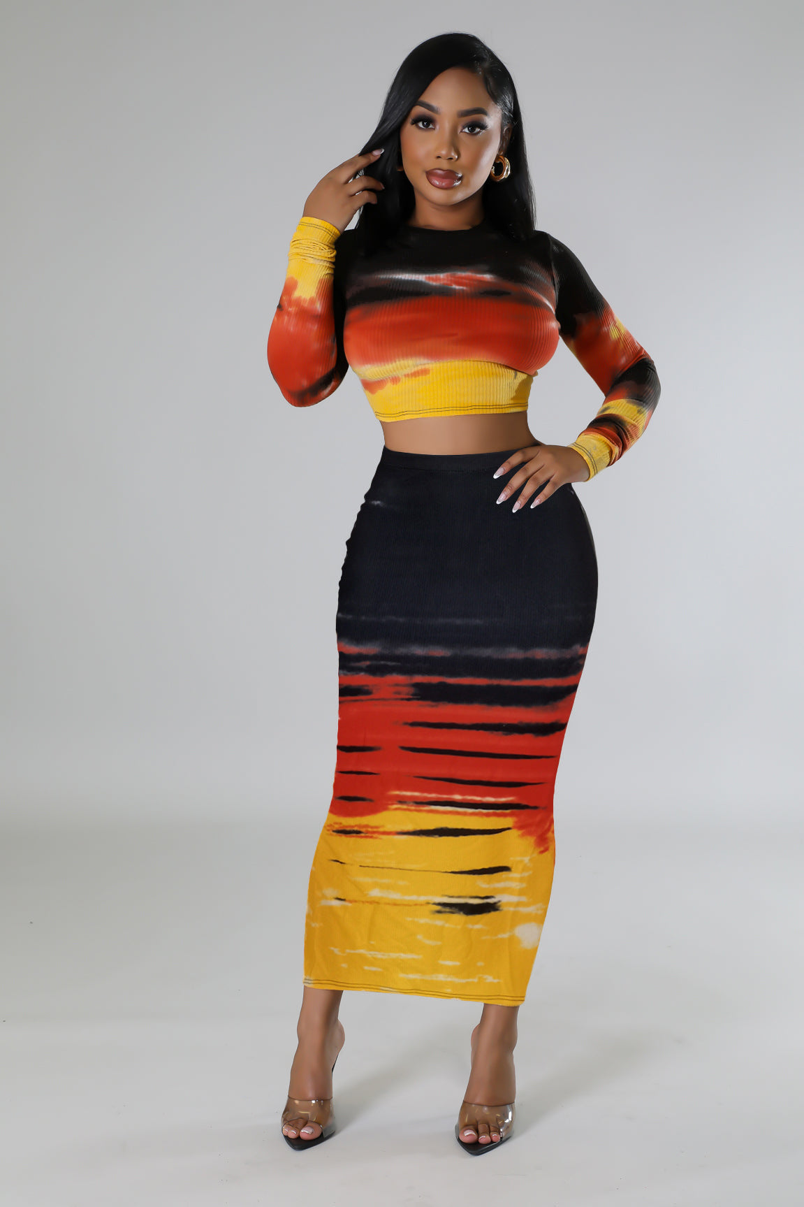 BamBam Women Sexy Ribbed Printed Top and Bodycon Skirt Two-piece Set - BamBam