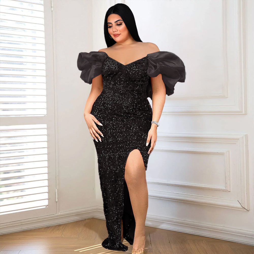 BamBam Plus Size Women v-Neck Puff Sleeve Sequined High Waist Slit Maxi Dress - BamBam Clothing