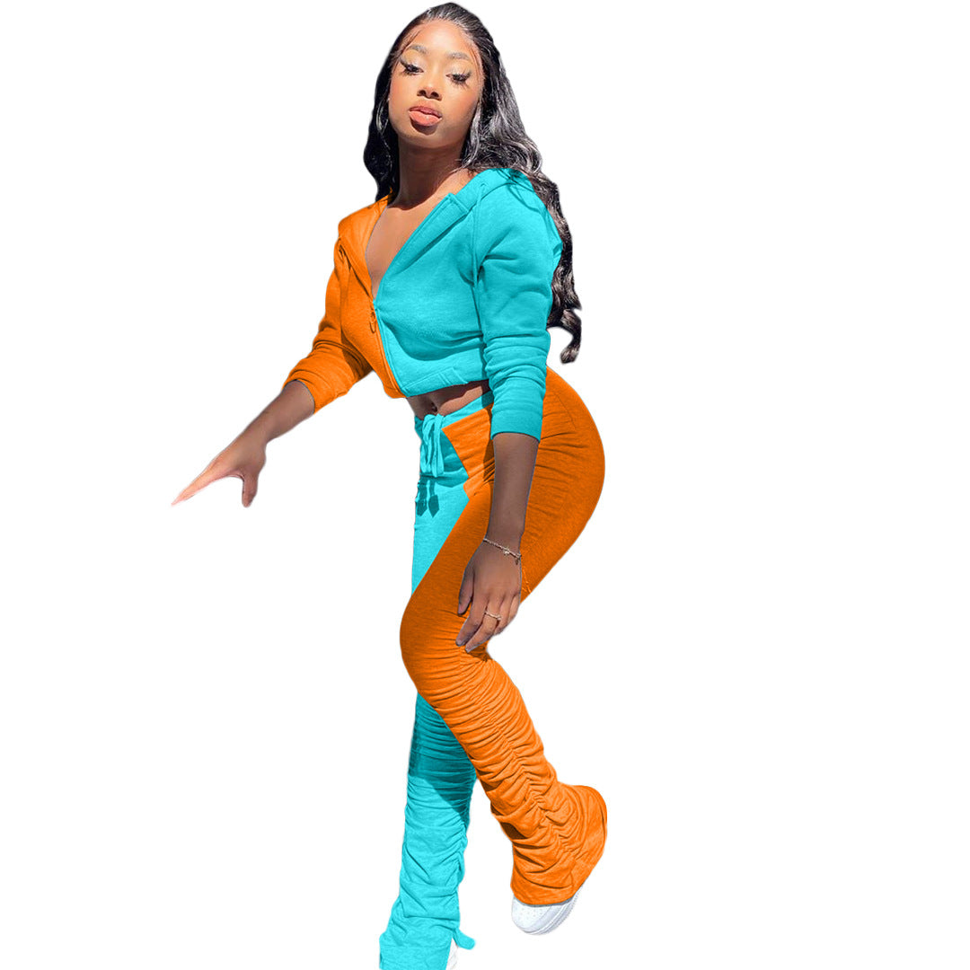 BamBam Women Color Block Hoodies and Stacked Pant Two Piece Set - BamBam