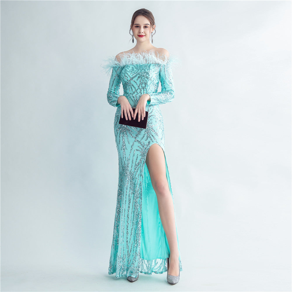 BamBam Feather Sequins Off Shoulder Long Sleeve Mermaid Evening Dress - BamBam Clothing