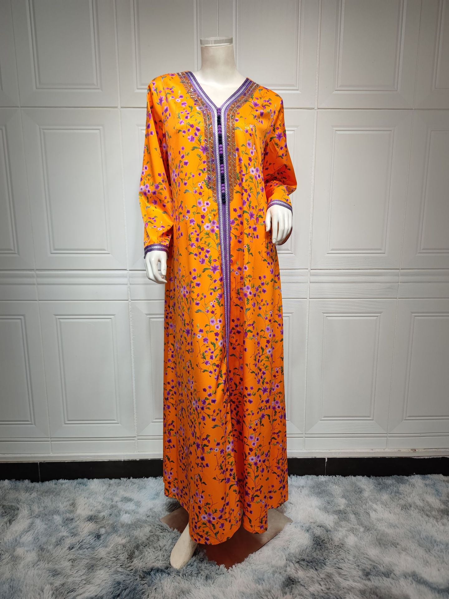 BamBam Abaya Muslim Fashion Print Beaded Dress Dubai Jalabiya For Women - BamBam