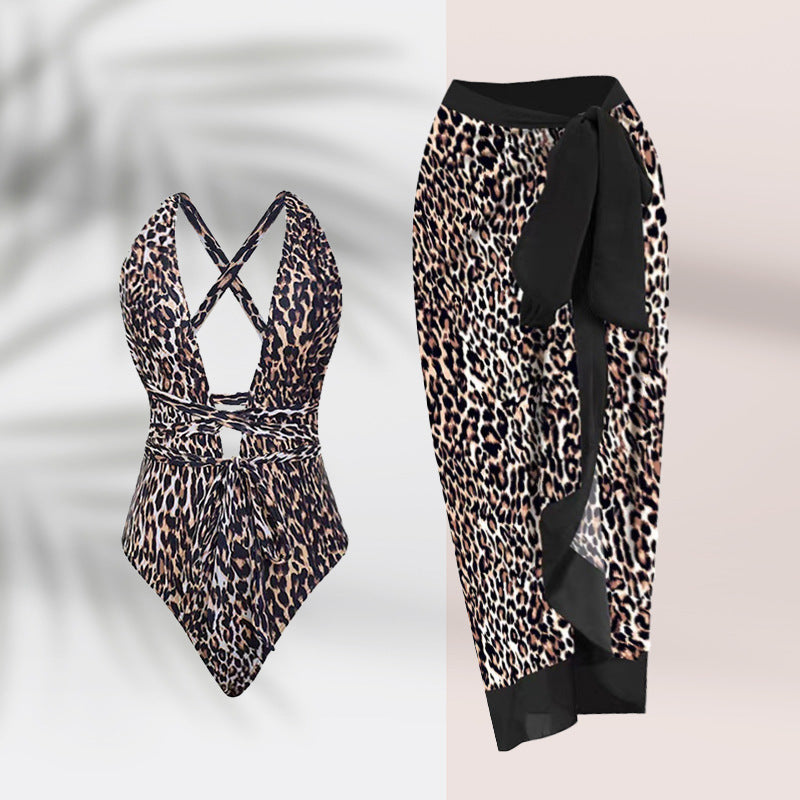 BamBam Leopard Print Sexy Deep V Neck One-Piece Swimsuit Mesh Skirt For Women - BamBam