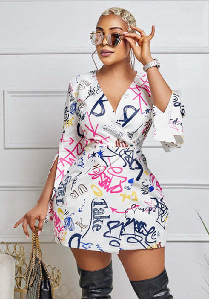 Women's Printed V-Neck Long Sleeve Dress