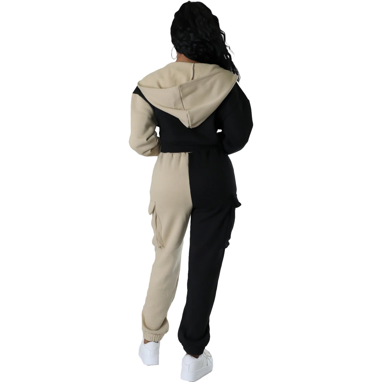 BamBam Women Colorblocked Velvet Pocket Hoodies and Pant Casual Sports Two-piece Set - BamBam