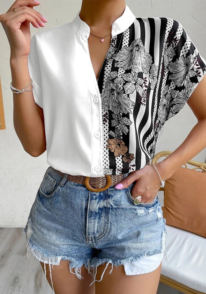 Women Contrast Floral Button Short Sleeve Shirt