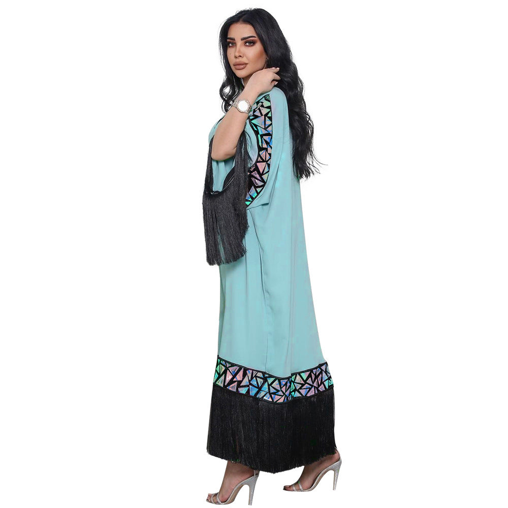 BamBam Sequined Tassel Robe Abaya Loose Fit Dress Arabian Ladies Clothing Dubai Muslim - BamBam