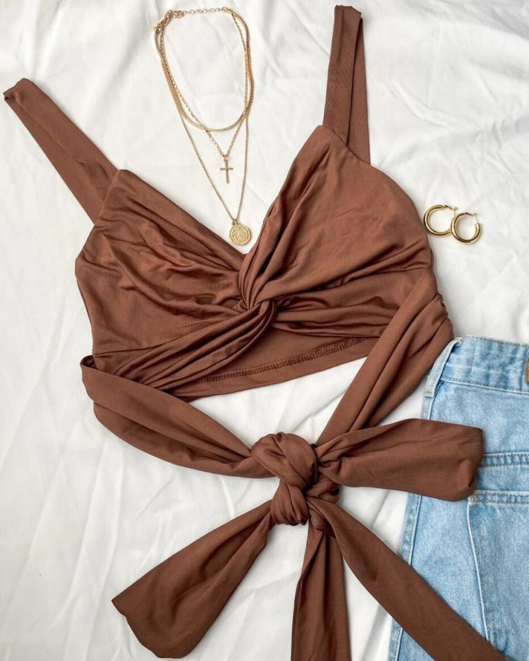 BamBam Summer Brown Sexy Twist Cut Out Strap Crop Top - BamBam