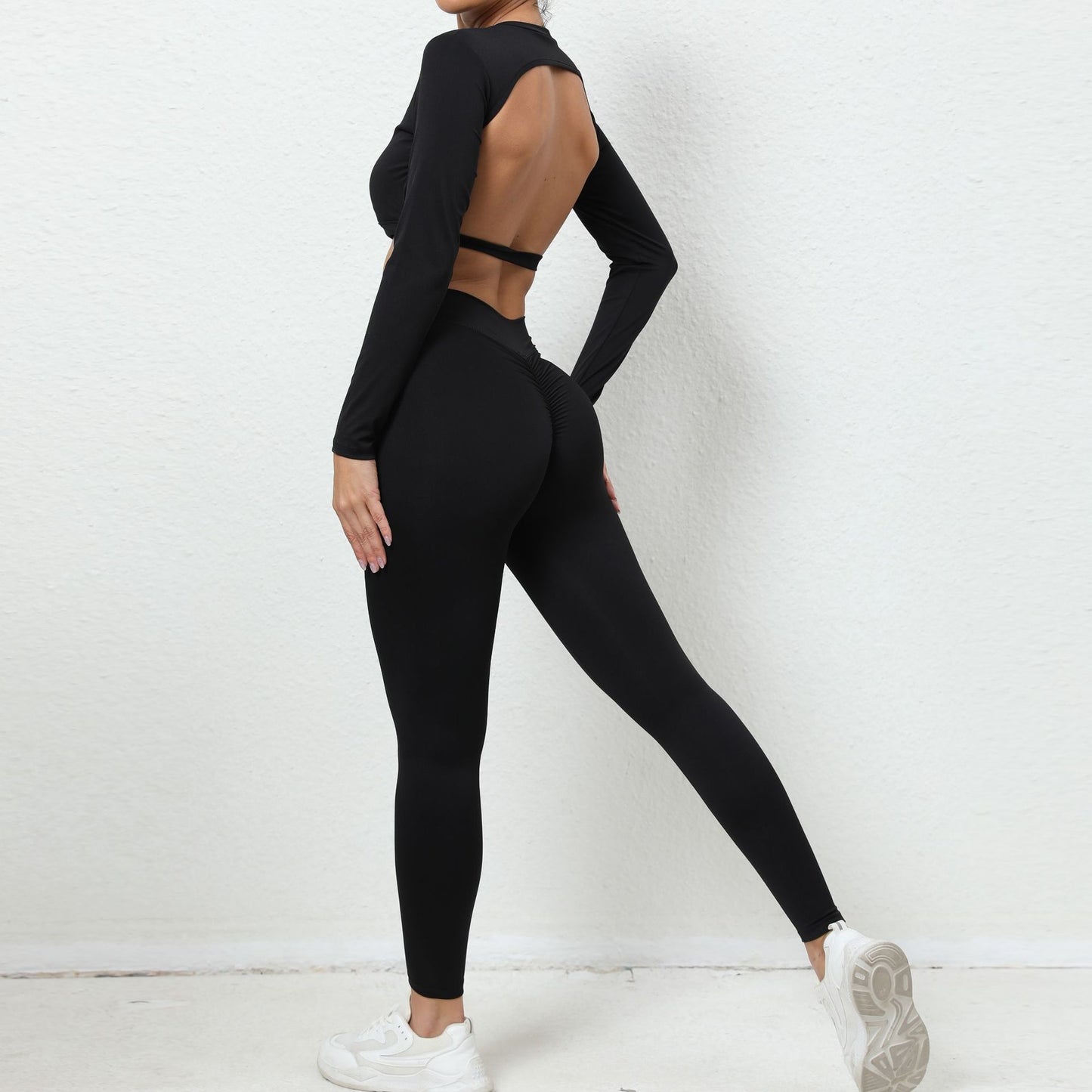 BamBam Women Backless Long Sleeve Top and Yoga Pants Quick-Drying Sports Two-piece Set - BamBam