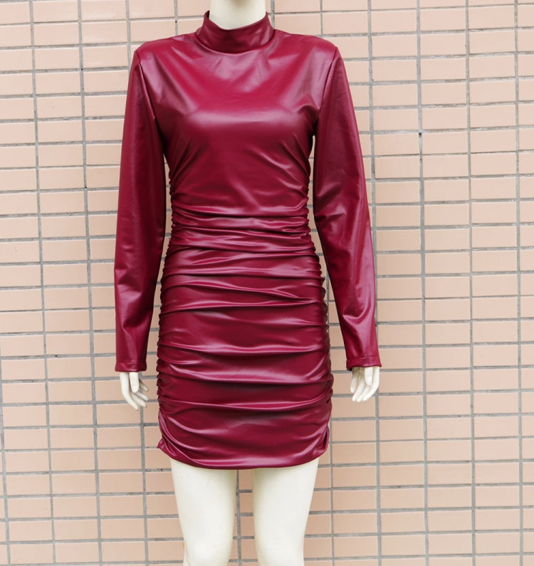 BamBam Winter Sexy Red High Neck Long Sleeve Pu Leather Bodycon Dress - BamBam Clothing