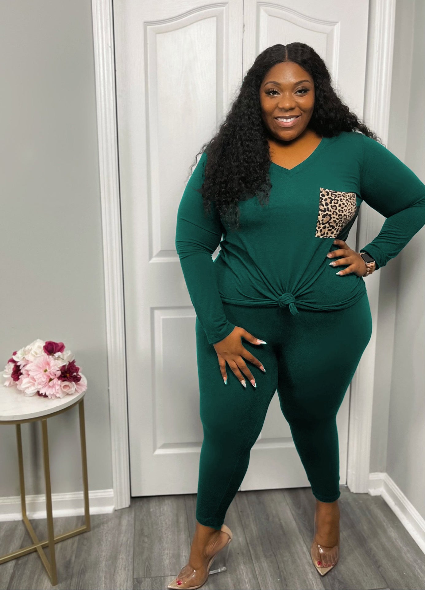 BamBam Plus Size Women Casual Leopard Print Pocket Top and Pant Two-piece Set - BamBam