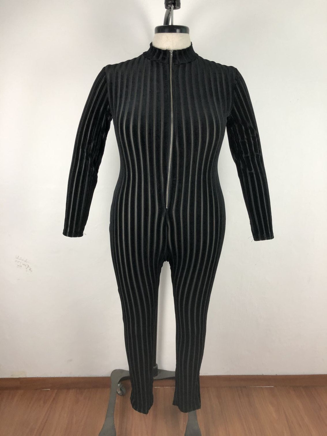 BamBam Plus Size Women'S Mesh Flocked Stripe Tight Fitting Zip Long Sleeve Jumpsuit - BamBam Clothing