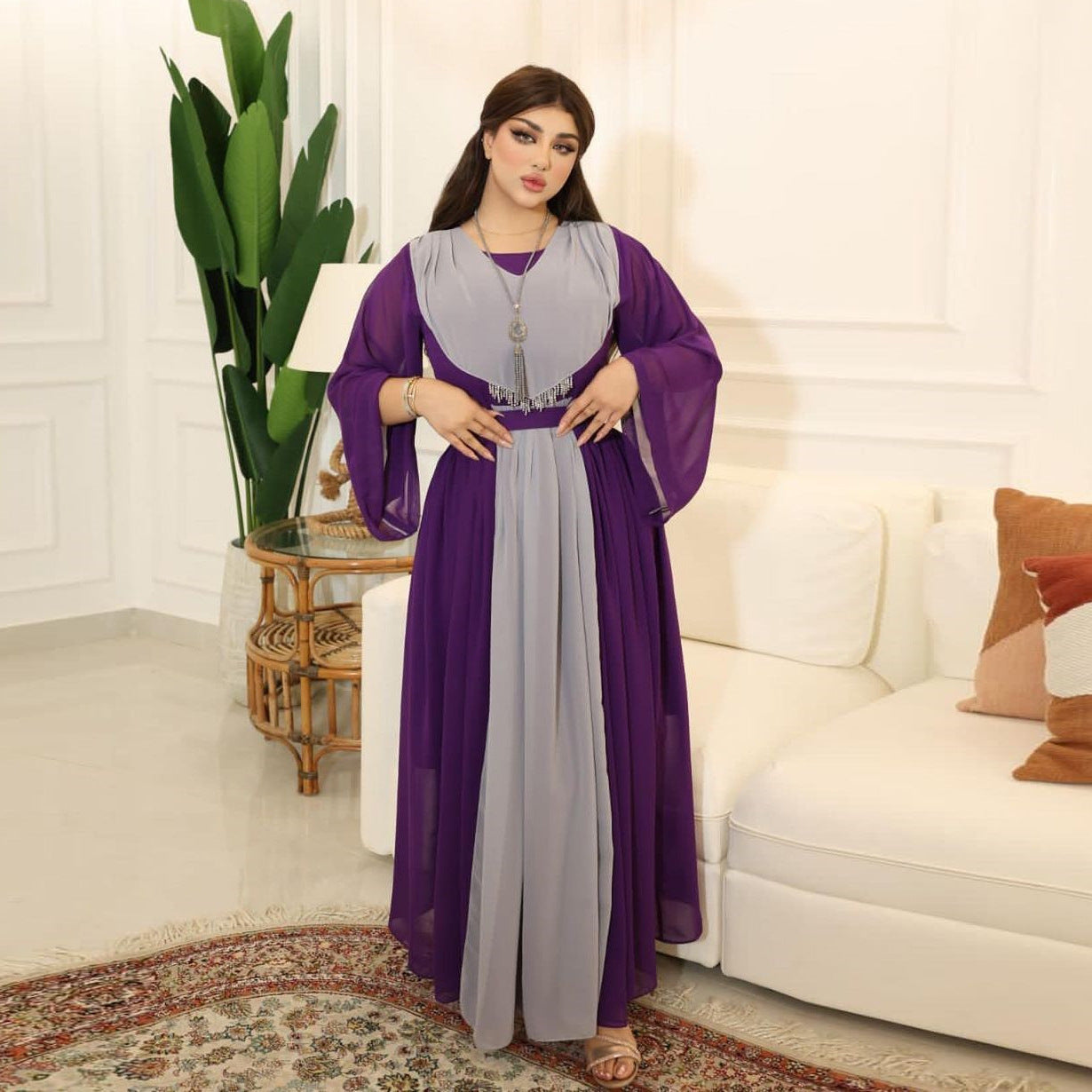 BamBam Muslim chiffon Contrast Long sleeve mesh Long Gown - BamBam