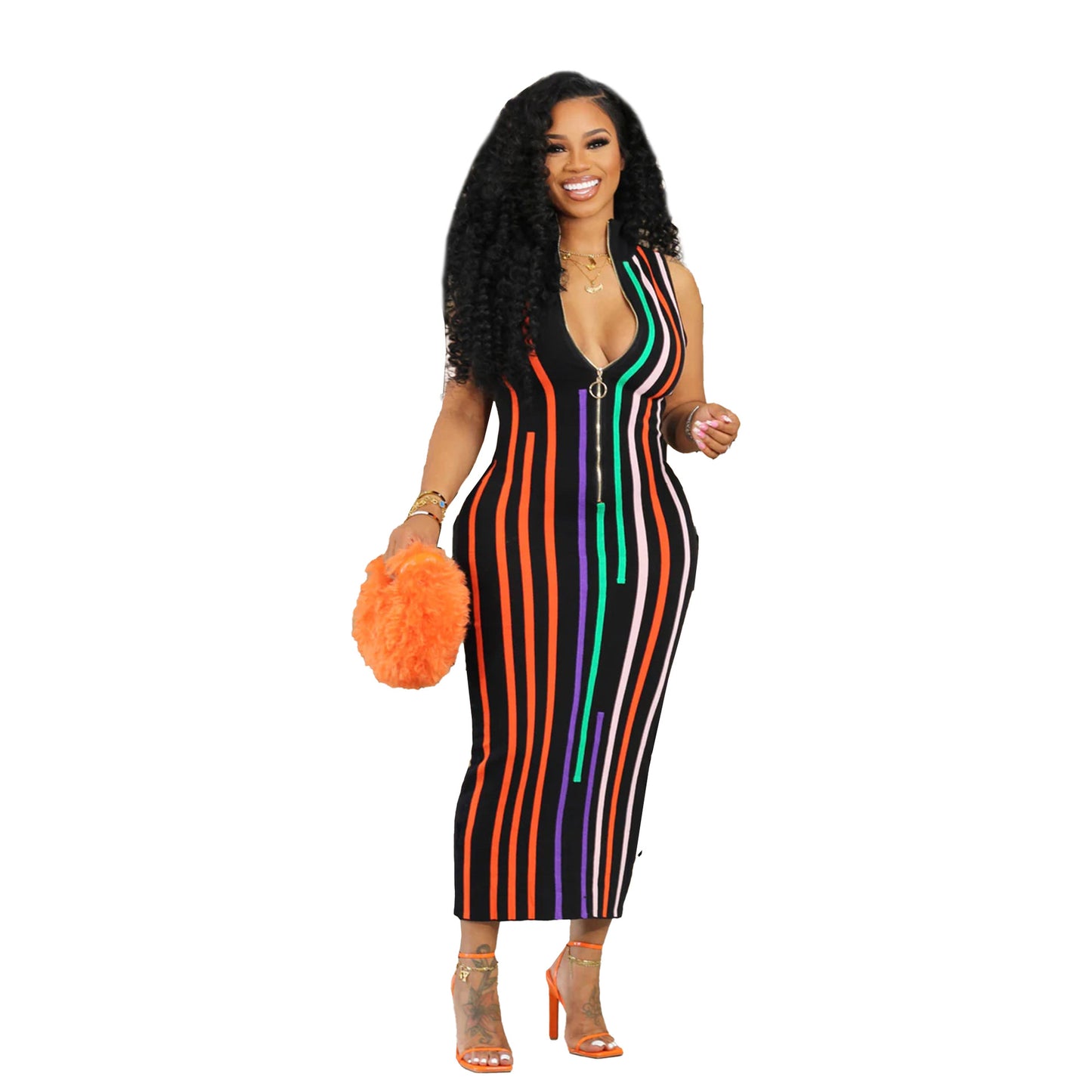 BamBam Sexy Slim Zipper Digital Print Sleeveless Bodycon Dress Night Club Wear - BamBam Clothing