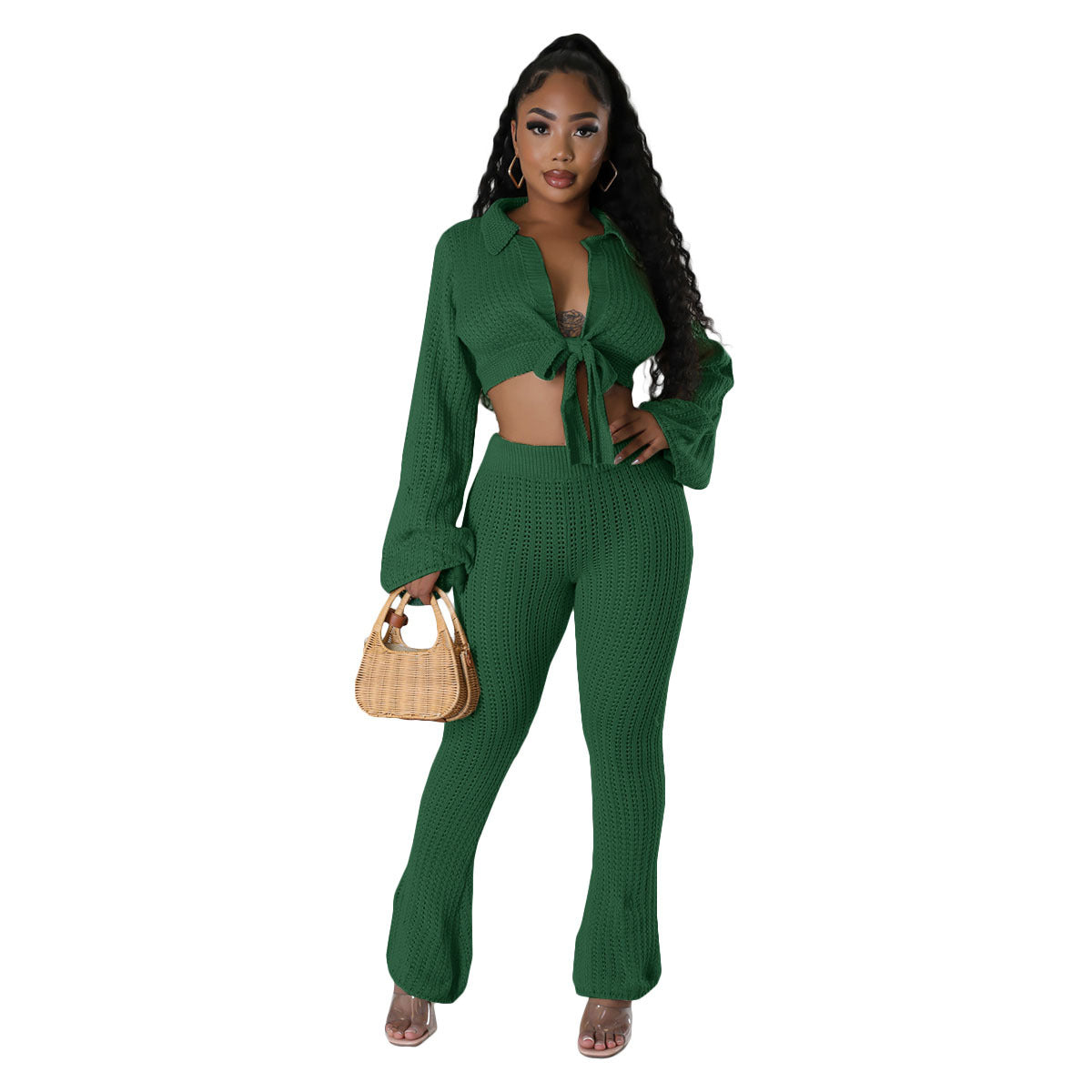 BamBam Women's Fashion Casual Bell Bottom Solid Color Knitting Tied Sweater Pants Two Piece Set - BamBam