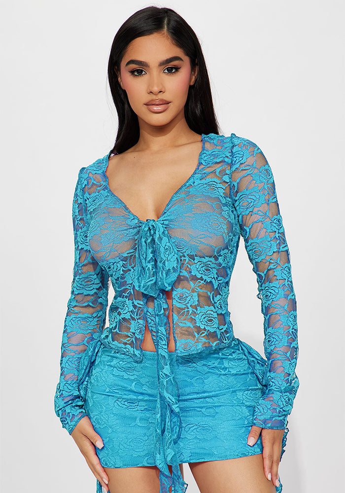 Women's Elastic Lacev Neck Tie See-Through Sexy Skirt Two-Piece Set