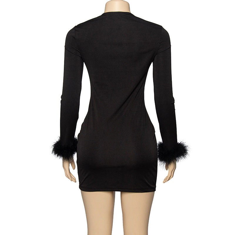 BamBam Autumn Solid Color Low Cut Feather Patchwork Long Sleeve Bodycon Dress - BamBam Clothing